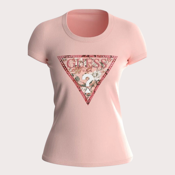 Guess - Camiseta Con Logo Triangular Rosa